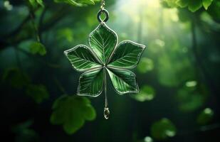 AI generated shamrock leaf hanging above green background photo