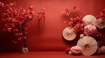 AI generated red wall filled with paper fans and other chinese decorations photo