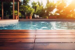 ai generado nadando piscina con de madera cubierta foto