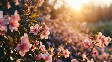 ai generado Mañana antecedentes con floreciente flores, suave luz de sol foto
