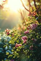 ai generado Mañana antecedentes con floreciente flores, suave luz de sol foto
