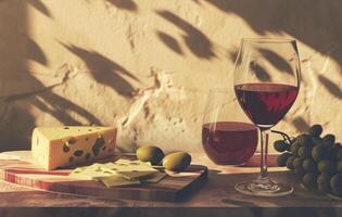 AI generated red wine with cheese and olive photo