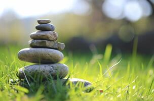 AI generated rocks are stacked in front of green grass photo