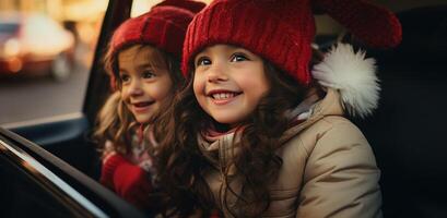 ai generado dos pequeño muchachas sentado en coche en Navidad, foto