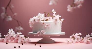 AI generated the camera shows a white cake standing next to spring flower photo