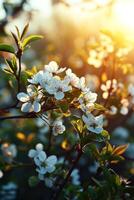 ai generado Mañana antecedentes con floreciente flores, suave luz de sol foto