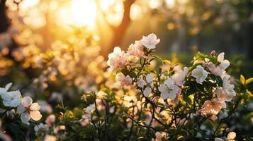 ai generado Mañana antecedentes con floreciente flores, suave luz de sol foto