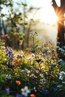ai generado Mañana antecedentes con floreciente flores, suave luz de sol foto