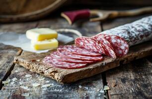 ai generado rebanado salami y mantequilla en un junta, foto