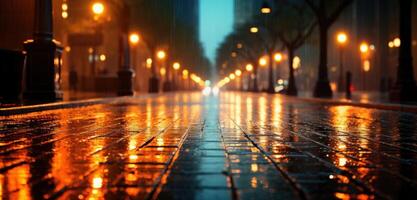 ai generado el luces de luces en calle en ciudad lluvia foto