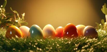 ai generado el vistoso huevos en un herboso superficie con oscuridad foto