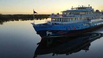 Passenger ship aerial view sails on sea journey relaxation. Passenger ship on ocean voyage epitome of vacation travel Passenger ship symbol of serene water crossings oceanic leisure holiday vibes. video