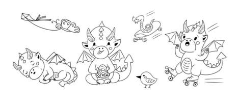 Hand drawn sketch outline set with kawaii dragon. Doodle contour fantastic animals with joystick, skate, roller-skate. Contour childish concept illustration. Ideal for coloring pages, tattoo, pattern vector