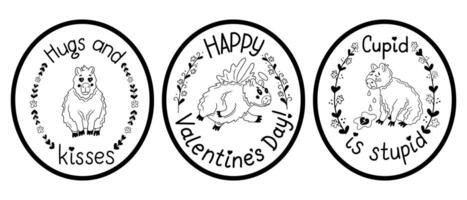 Set of doodle typographic stickers with capybara. Flat animal character in love and Valentines lettering with floral frames. Isolated compositions on white background. Good for stickers, printout vector