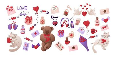 Big romantic set of flat items for Valentines day. Vector isolated items related to St Valentines day on white background. Teddy bear, cats, greeting cards, love potions and hearts.