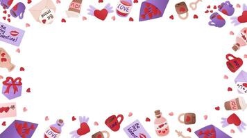 Valentines horizontal banner on white background. Frame template or design print with romantic items on dark background. Good for banner, background, social media graphics vector