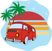 Retro van. Van for travel. Summer holiday in a forest camp. A tourist route. Design of greeting cards, posters, patches, prints on clothes, emblems. Vintage design. vector