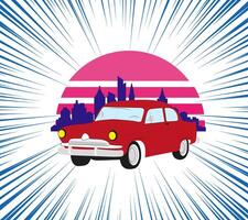 Retro car against the background of a landscape of skyscrapers and sunset.. City background. Speed lines. Design of greeting cards, posters, patches, prints on clothes, emblems. Retro car. vector