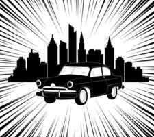 Retro car. Retro car against the background of a landscape of skyscrapers. City background. Speed lines. Design of greeting cards, posters, patches, prints on clothes, emblems. vector