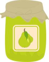 Pear jam in glass jar. Bottle with preserve, canning. Natural product. Healthy eating and diet. Design of greeting cards, posters, patches, prints on clothes, emblems. Pear. vector