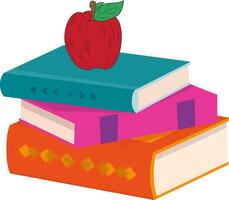 A stack books of different genres with an apple on a white background. Reading concept. Book festival. Design of greeting cards, posters, patches, prints on clothes, emblems. Various colors books. vector