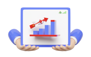 3d charts graph with hands, tablet, rocket, arrow, analysis business financial data. business strategy concept, 3d render illustration png