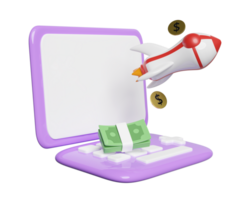 3d purple laptop computer monitor with rocket, coin dollar money, banknotes stack isolated. minimal concept, 3d render illustration png