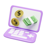3d violet portable ordinateur moniteur avec pièce de monnaie dollar argent, billets de banque empiler isolé. minimal concept, 3d rendre illustration png