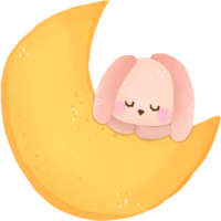 moon with bunny character clipart. watercolor style. isolated on transparent background png