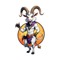 AI generated cartoon sticker of goat creature with big horns, cartoon game character png