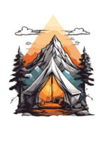 ai généré agrafe art illustration de camping dans une Montagne zone, communauté logo autocollant conception png