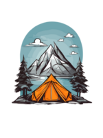 AI generated clip art illustration of camping in a mountain area, community logo sticker design png