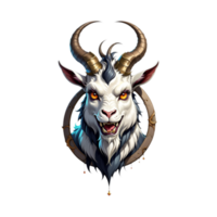 AI generated cartoon sticker of goat creature with big horns, cartoon game character png