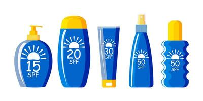 Blue tube with yellow cap of sunscreen SPF 15, 20, 30 and 50 on a white background. A set of cosmetics with UV protection. Vector. vector