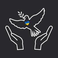 The dove of peace is in the hands of people who are defending their native country from the aggressor. The Peace to Ukraine poster is drawn with a white outline on a black background. vector