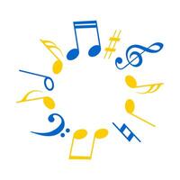 Musical notes blue and yellow arranged in a circle on a white background with space for text. Musical sound designation in the form of a postcard. Vector. vector