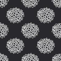 Abstract aster and chrysanthemum flowers are drawn with a white outline on a black background to form a seamless floral pattern. Vector. vector