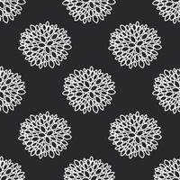 Abstract aster and chrysanthemum flowers are drawn with a white outline on a black background to form a seamless floral pattern. Vector. vector