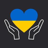 Heart in the colors of the flag of Ukraine in the hands of people. The Peace to Ukraine poster is drawn with a white outline on a black background. Vector. vector