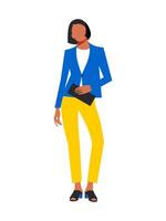 moderno joven mujer en un negocio traje con un embrague en su manos aislado en un blanco antecedentes. elegante mujer de negocios con negro Beto Corte de pelo. vector. vector