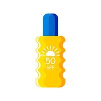 amarillo tubo con un azul gorra de spf 50 protector solar en un blanco antecedentes. productos cosméticos con uv proteccion. vector. vector