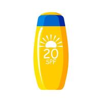 Yellow tube with a blue cap of SPF 20 sunscreen on a white background. Cosmetics with UV protection. Vector. vector