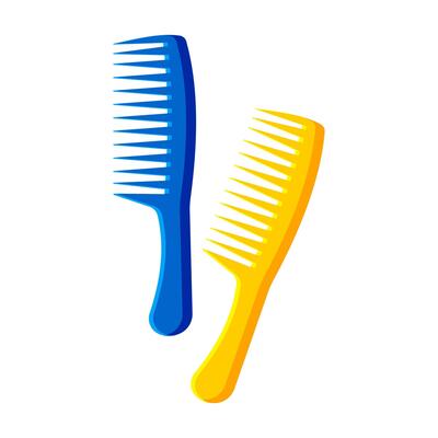 Yellow and blue combs isolated on white background. Hairdresser's tool for hair care. Vector.