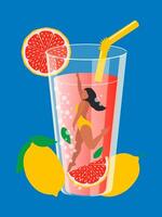 moderno diseño de limonada y un niña flotante en un piscina con un vertical azul antecedentes. verano y vacaciones concepto. Fruta agrios jugo en un vaso transparente vaso con un paja. vector. vector