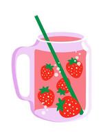 Strawberry cocktail in a glass mug. Summer vibes. A cute modern transparent glass with berries and a chilled drink. Vector. vector