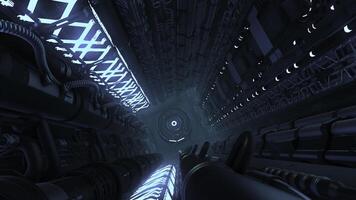 Corridor with pipes and lines in futuristic ship. Motion. Tunnel with neon lines and technological pipes. Futuristic spaceship technology photo