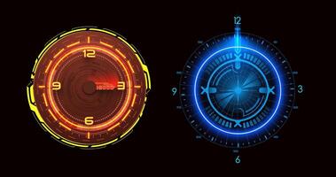 Two vibrant sci-fi clocks glow in red and blue hues, showcasing futuristic timekeeping. Used to indicate time and measure time. Vector illustration