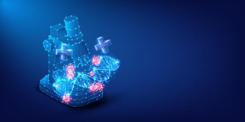 Abstract image of a microscope with glowing DNA strands and health care signs symbolizing advanced medical technology. Futuristic Digital Microscope Concept with Glowing DNA and Medical Cross Symbols.