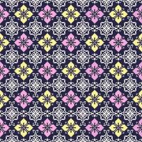 Geometric Yellow and Pink Floral Pixel Art Seamless Pattern on Navy Blue Background.  Vector Design for background and wallpaper