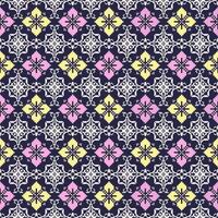 Geometric Yellow and Pink Floral Pixel Art Seamless Pattern on Navy Blue Background.  Vector Design for background and wallpaper